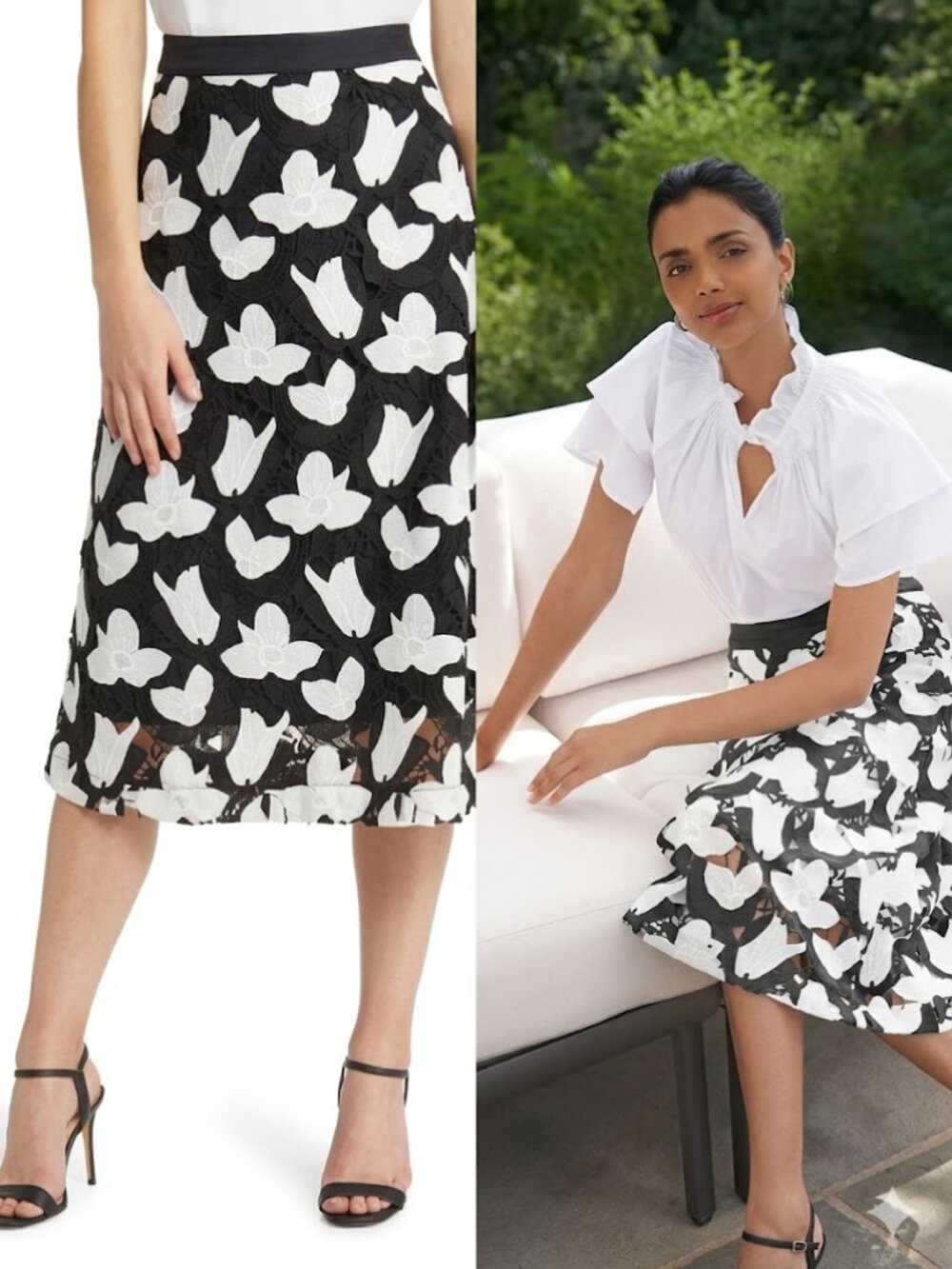 Ming Wang Openwork Floral Lace A-line Crochet Skirt In Black/ White Size Medium